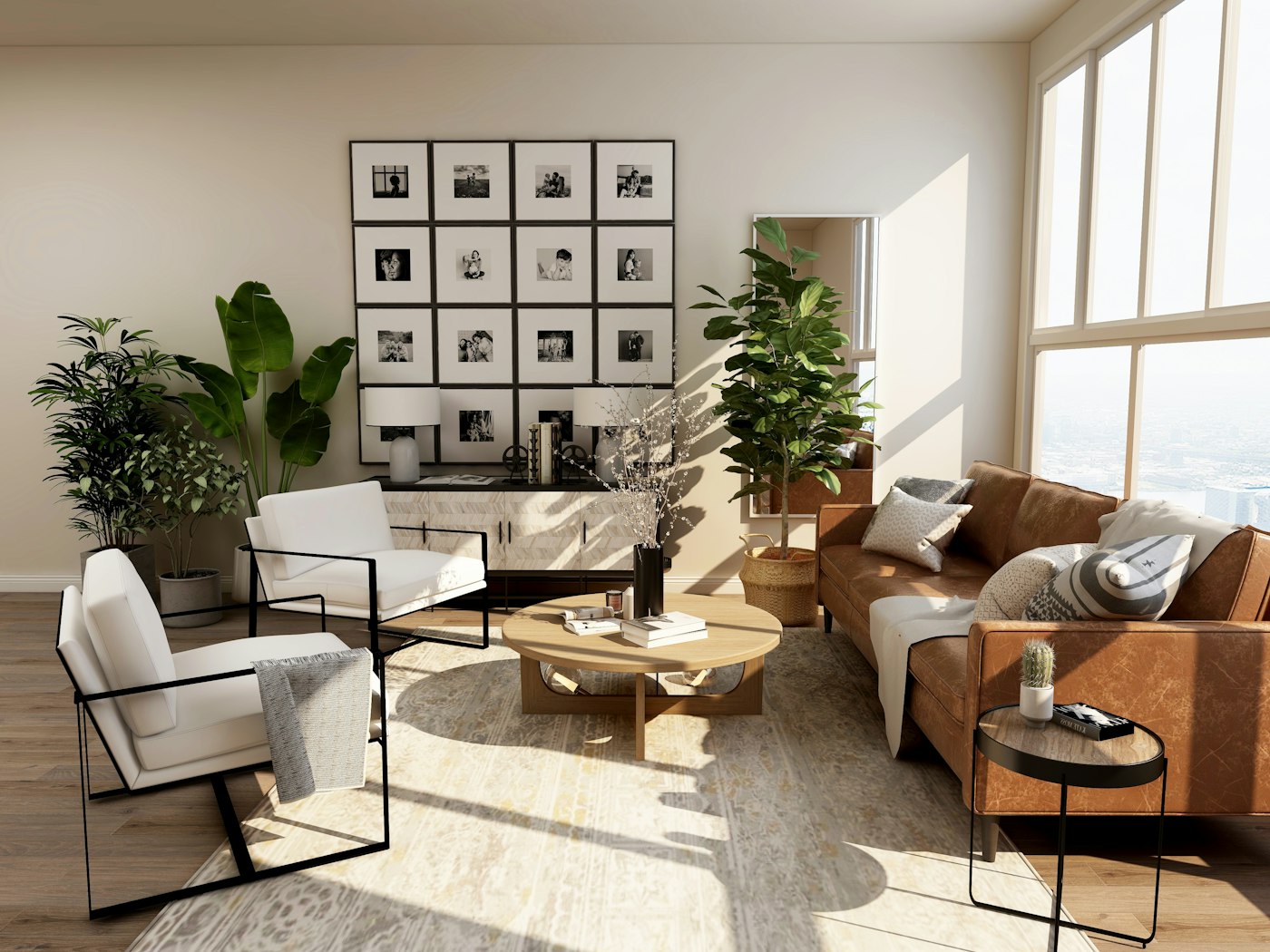Warm living room with leather sofa, framed gallery wall and indoor plants